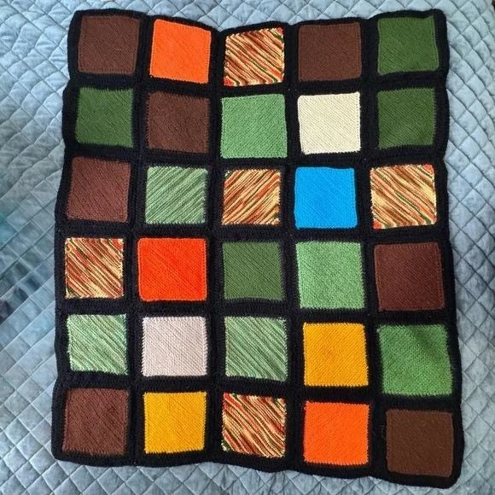 Handmade Throw Crochet Colorblock Funky Black 70s Colors Boho 40